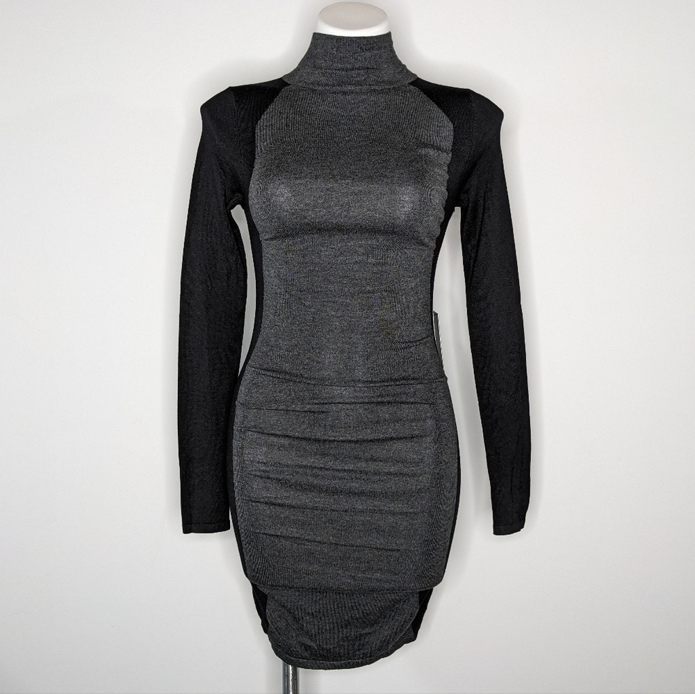 NWT Express black grey knit body con long sleeve high neck sweater dress XS